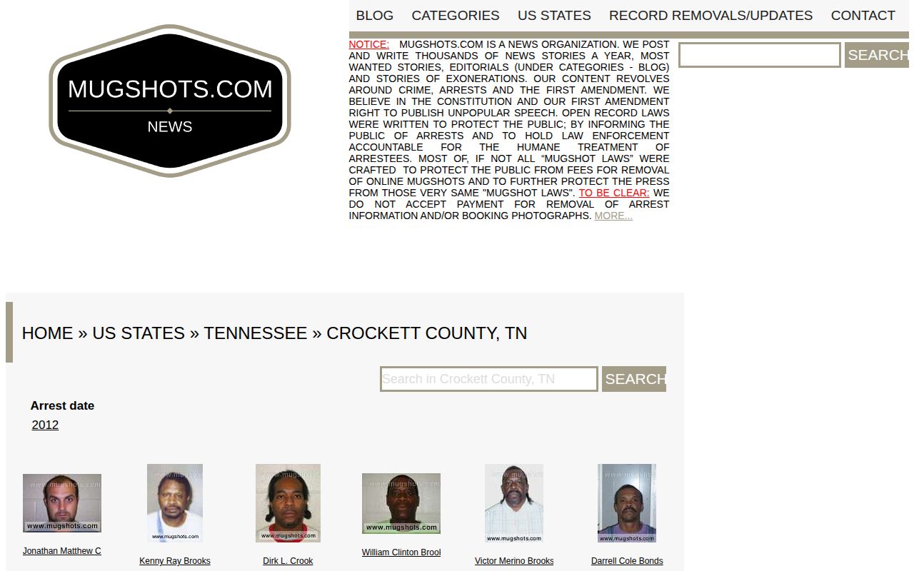 Crockett County unofficial mugshot source with booking record caveat